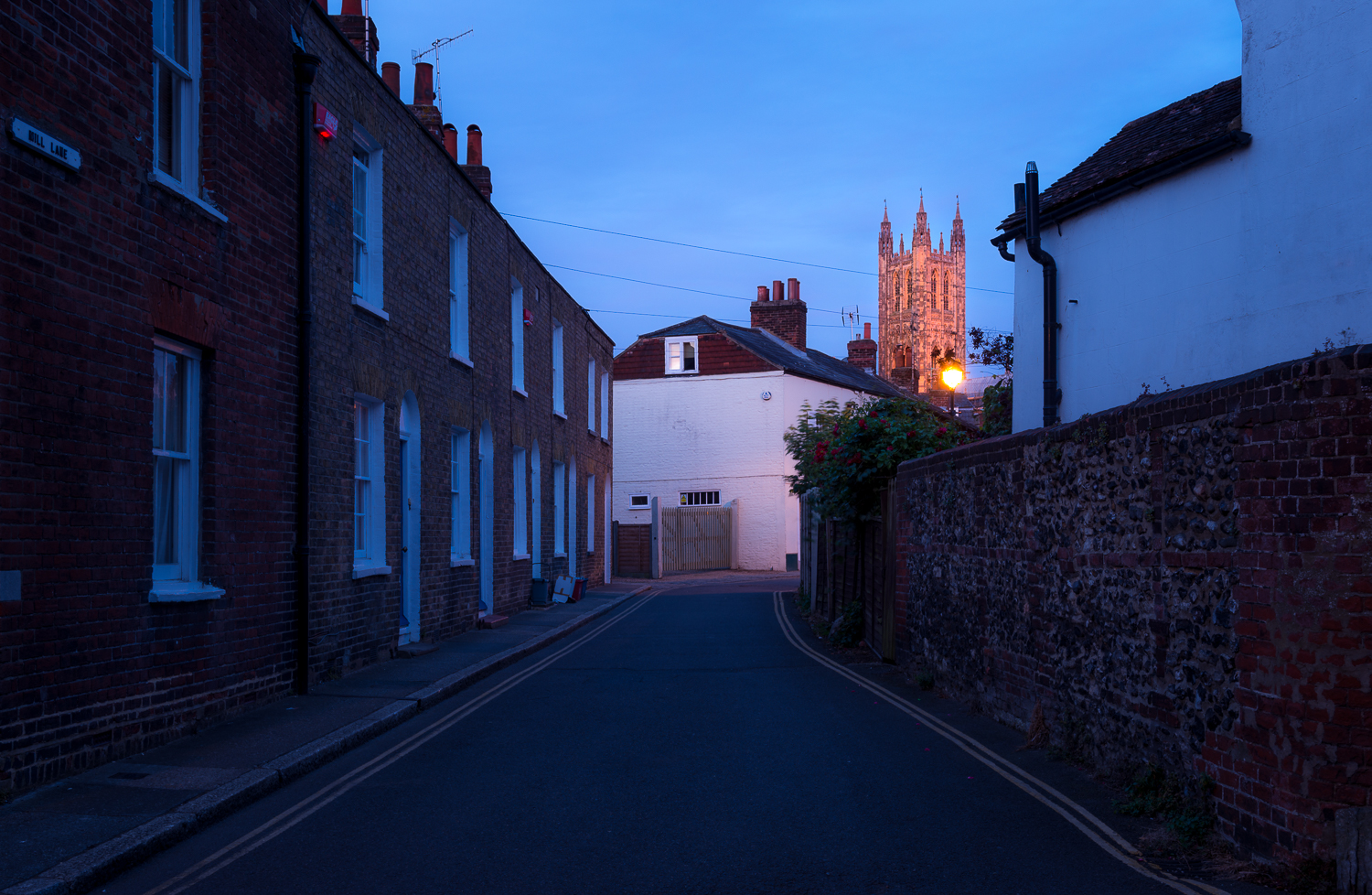 Twilight view of Canterbury cathedral from Mill Lane